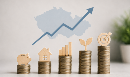 Ilustrační grafický motiv investování v Česku s mapou České republiky, rostoucím trendem a symboly finančních investic.