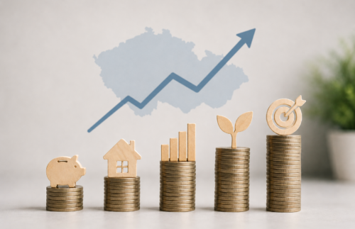 Ilustrační grafický motiv investování v Česku s mapou České republiky, rostoucím trendem a symboly finančních investic.
