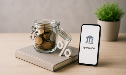 Grafika spořicího účtu se sklenicí mincí, symbolem procent a mobilní bankovní aplikací.